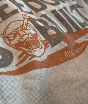 Close-up of a hoodie with a design and text.